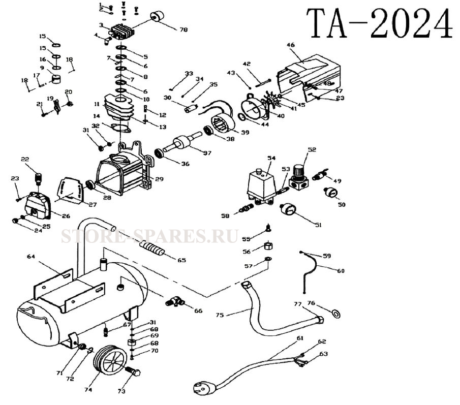 Нажмите чтобы посмотреть схему компрессорной головы REMEZA J1047B (TA2024) (поршневой блок)